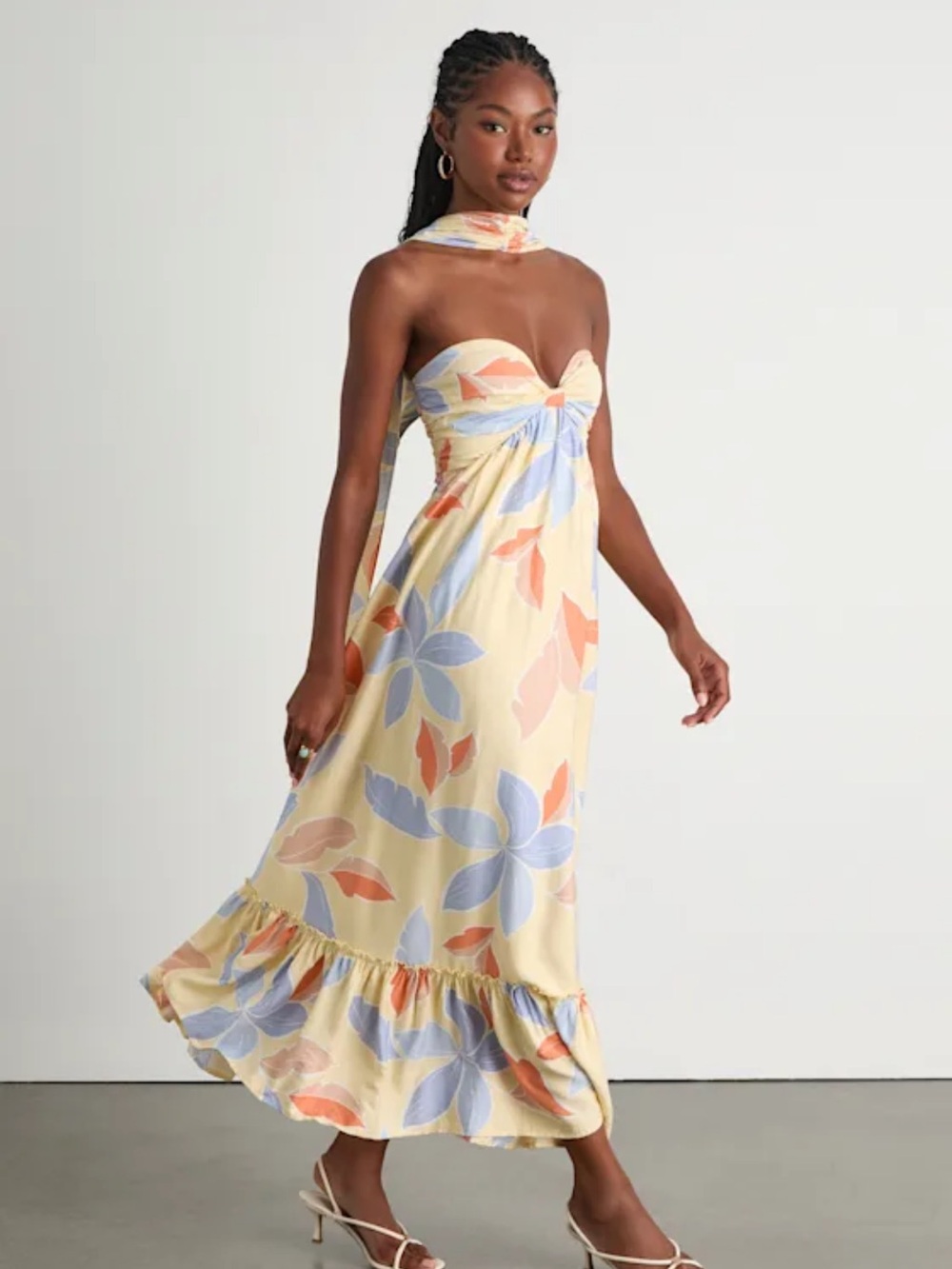 Yellow Floral Midi Dress & Scarf Set